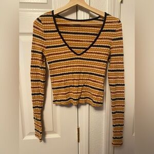 Urban Outfitters Mustard & Black Striped V-Neck Ribbed Long-Sleeve Top